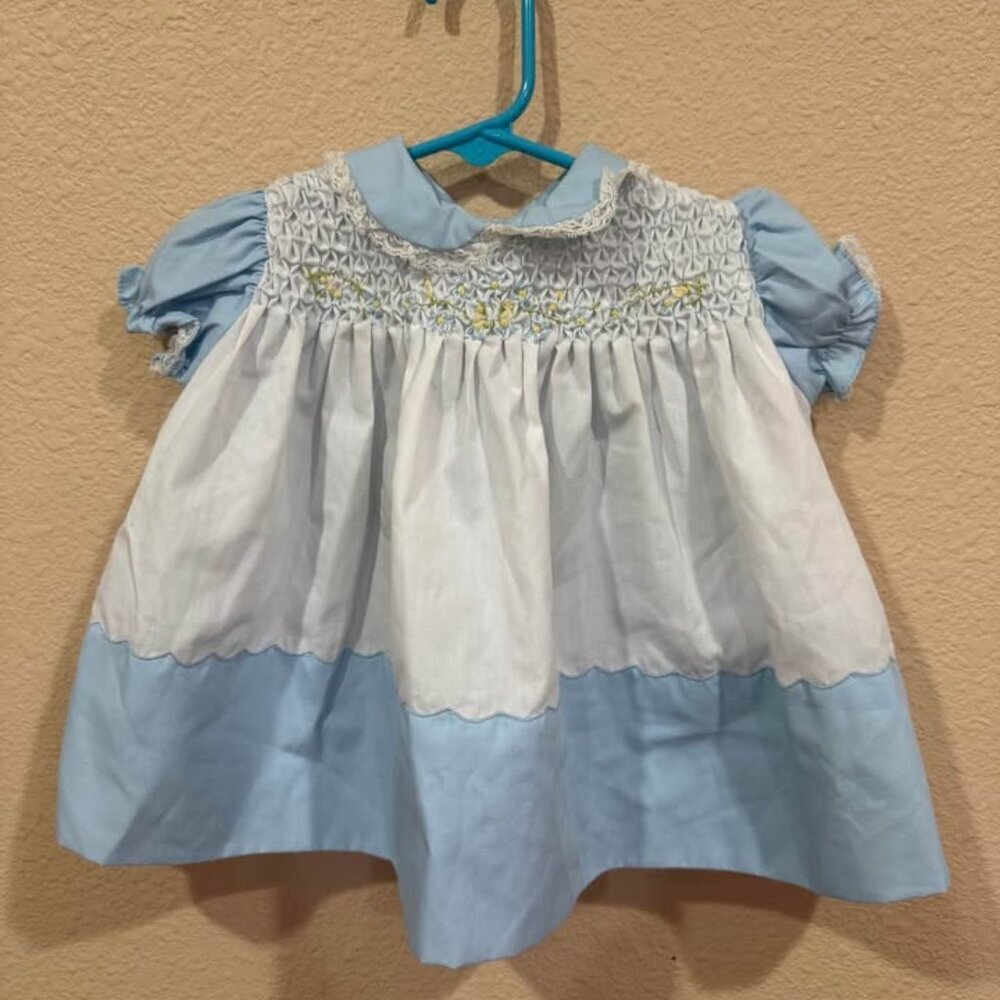 Vintage Cheruba Smocked Baby Dress Blue White-9months